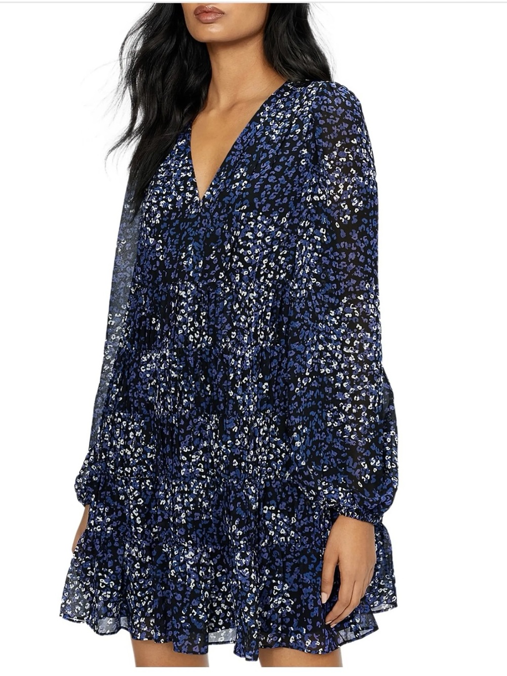 Ted Baker Blue Animal Print V-Neck Long Sleeve Cocktail Mini Dress